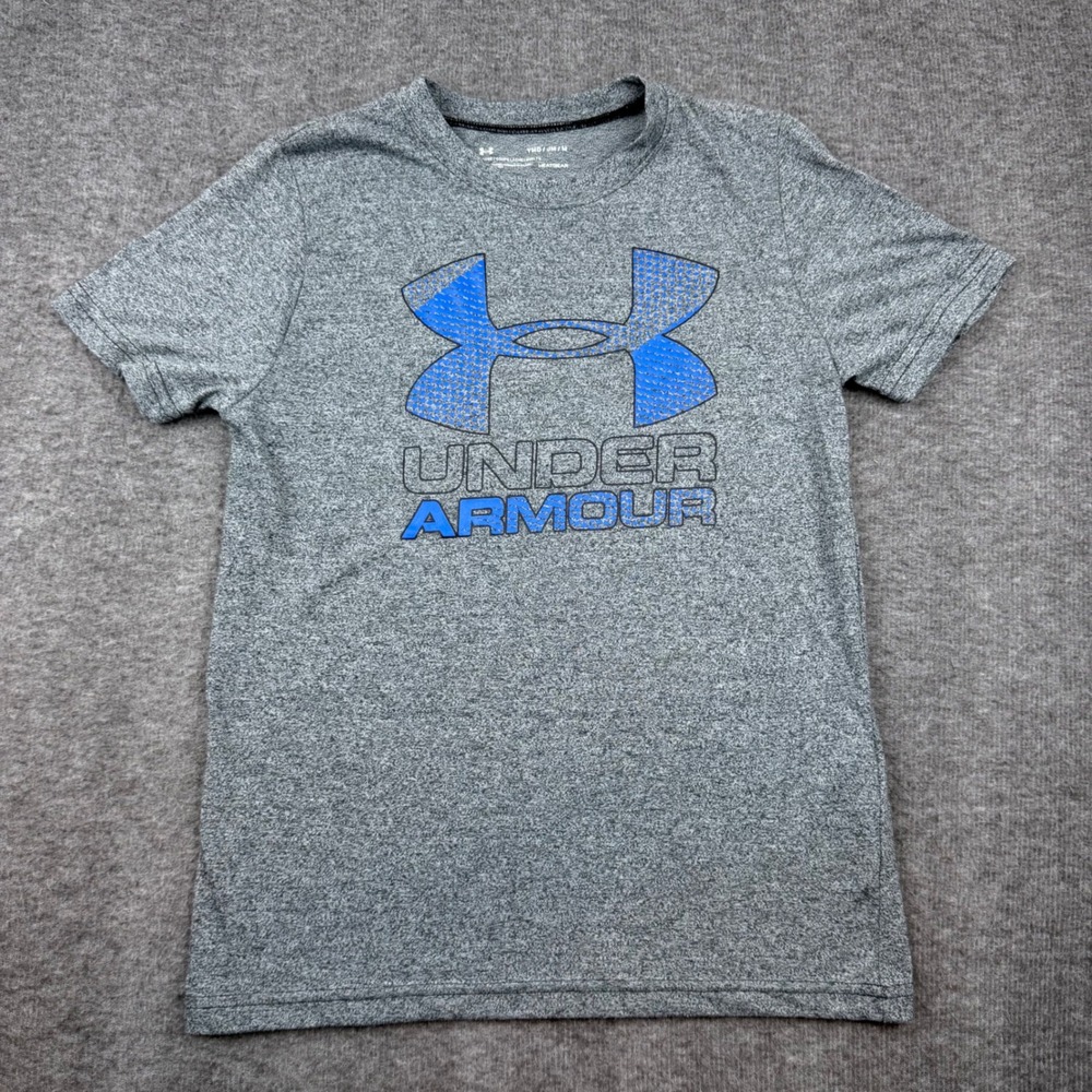 Under Armour T-Shirt Kids Youth Medium Gray Blue HeatGear Logo Graphic‎ Short